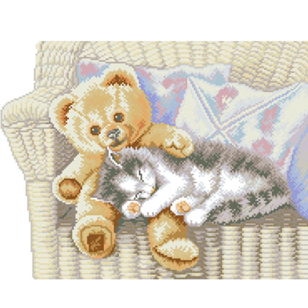 Cat and Bear - Partial  9CT Stamped Cross Stitch - Bead Embroidery 54x44CM/21.26x17.32in