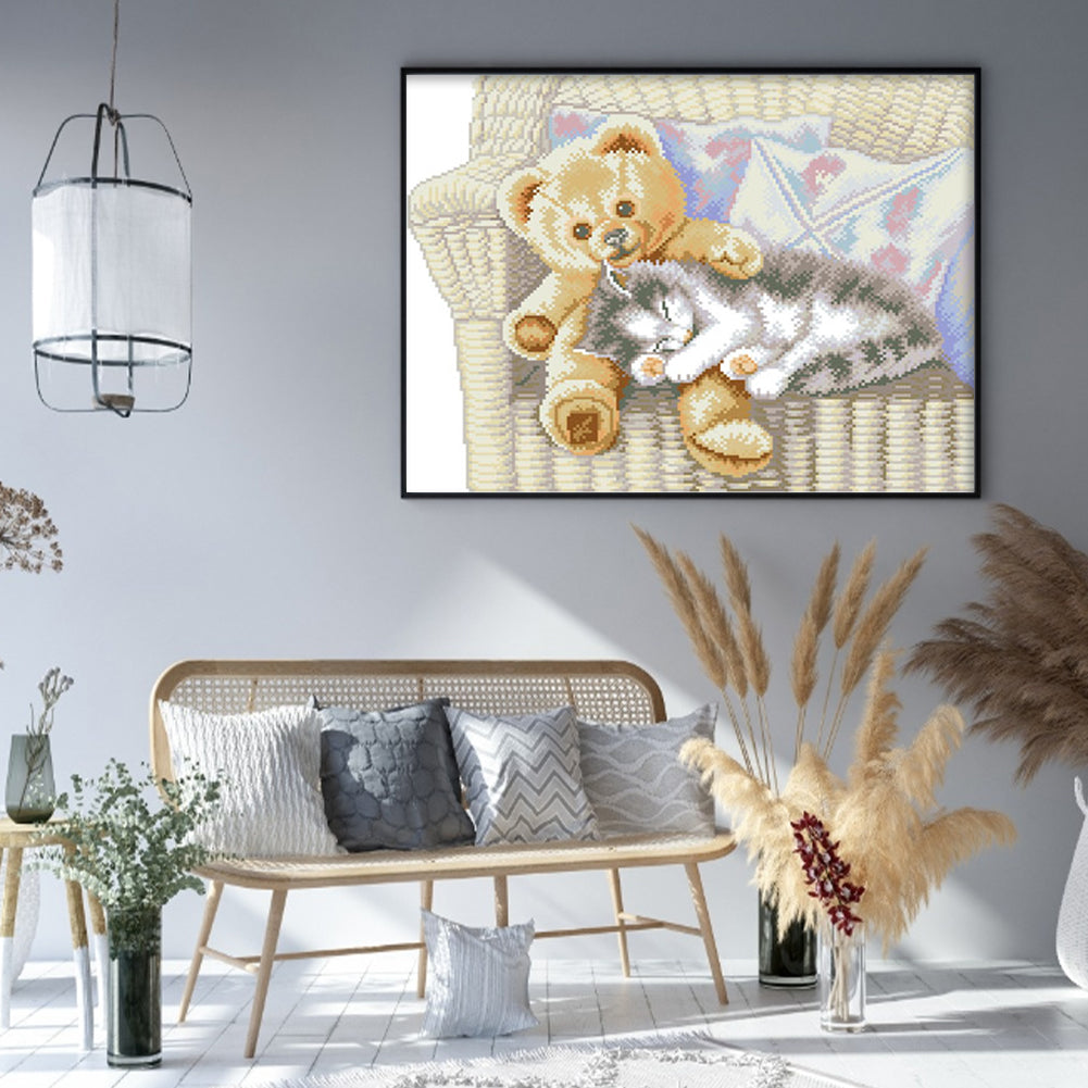Cat and Bear - Partial  9CT Stamped Cross Stitch - Bead Embroidery 54x44CM/21.26x17.32in
