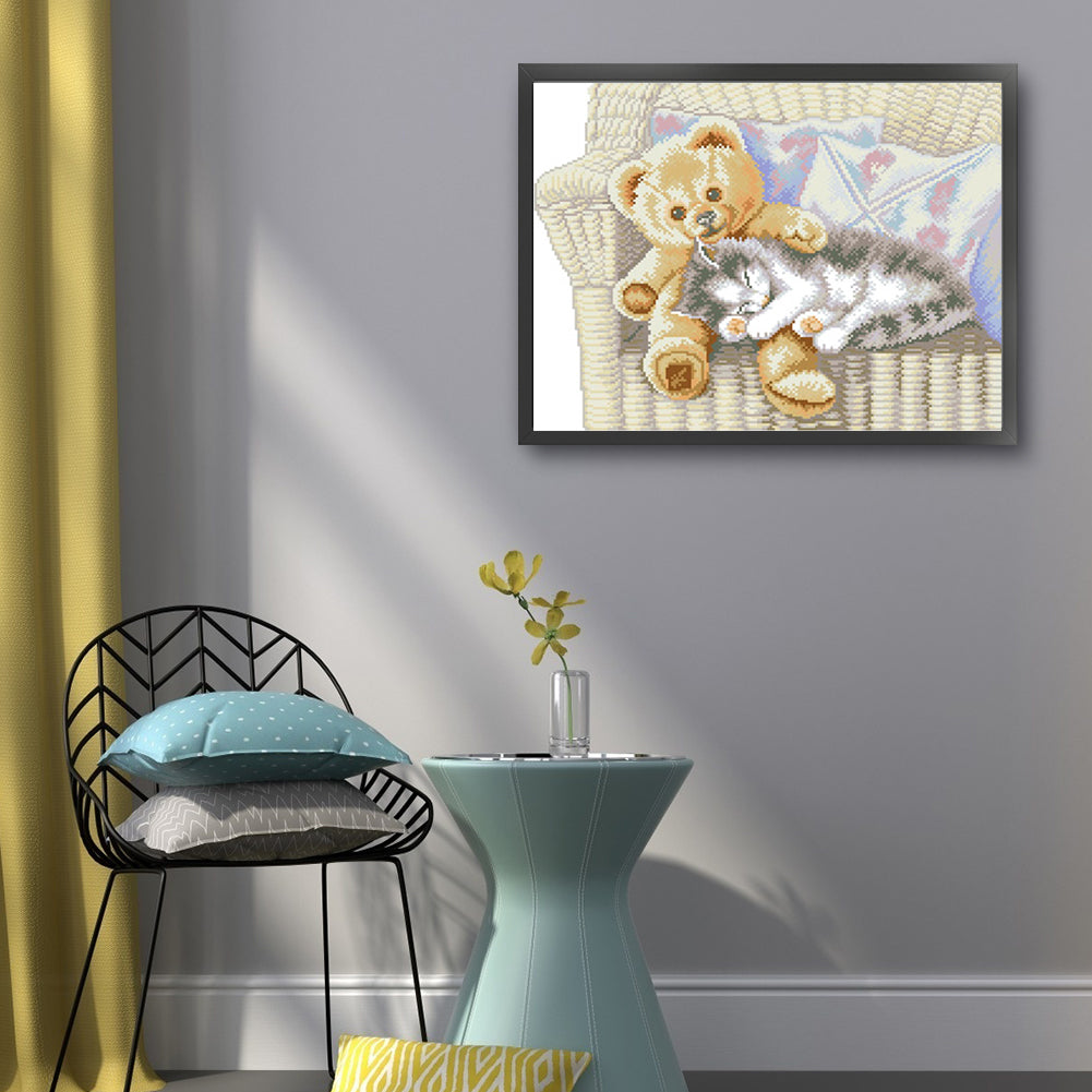 Cat and Bear - Partial  9CT Stamped Cross Stitch - Bead Embroidery 54x44CM/21.26x17.32in