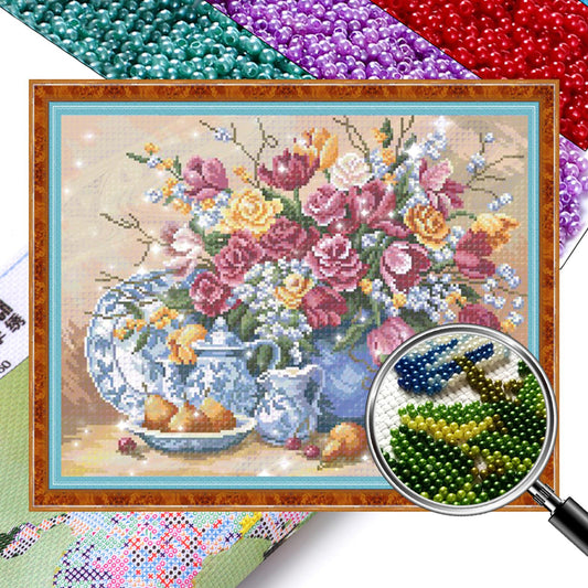 Flowers and Vase - Full  9CT Stamped Cross Stitch - Bead Embroidery 51x40CM/20.08x15.75in
