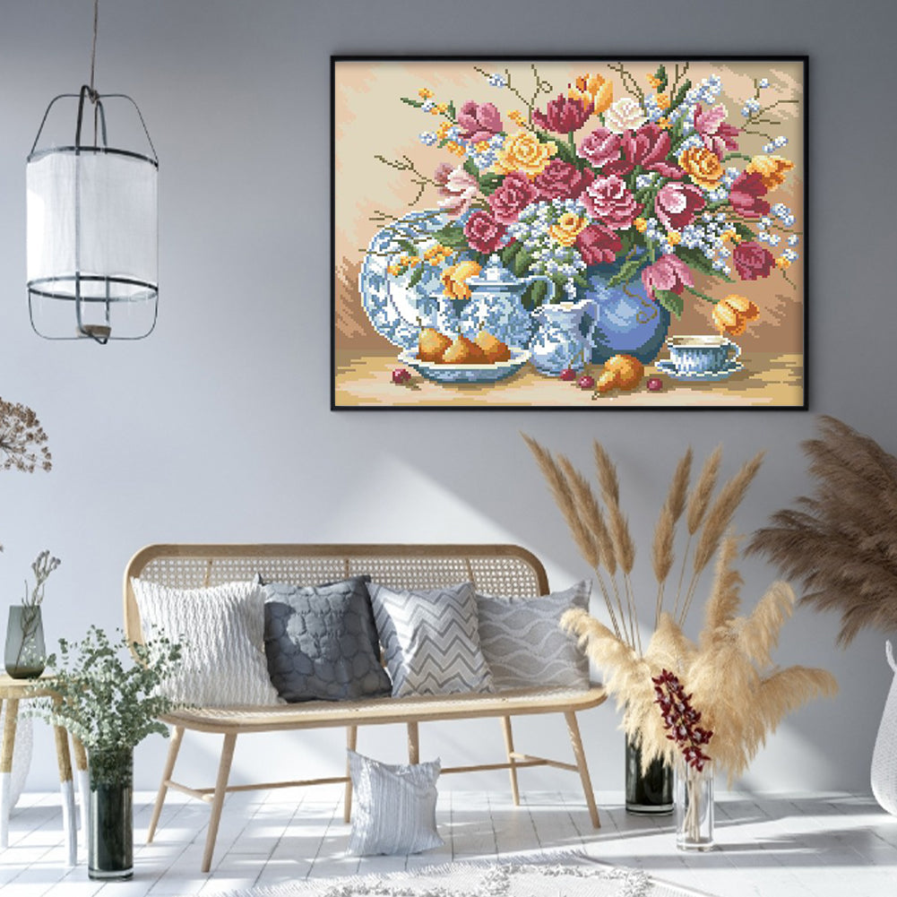 Flowers and Vase - Full  9CT Stamped Cross Stitch - Bead Embroidery 51x40CM/20.08x15.75in