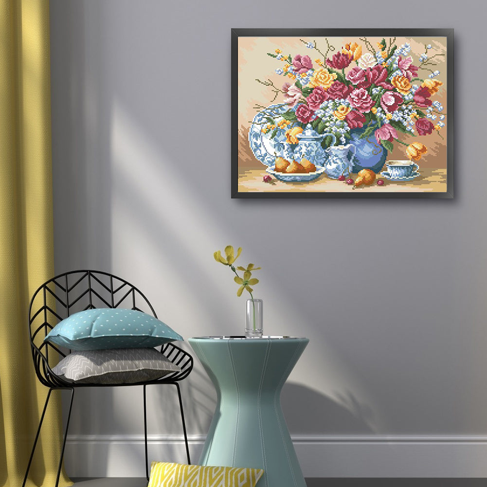 Flowers and Vase - Full  9CT Stamped Cross Stitch - Bead Embroidery 51x40CM/20.08x15.75in