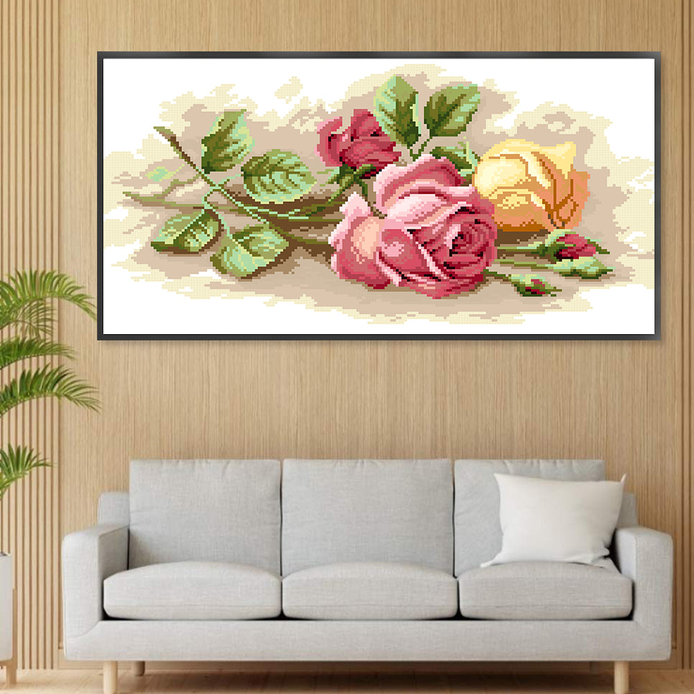 Shy Rose - Partial  9CT Stamped Cross Stitch - Bead Embroidery 56x31CM/22.05x12.20in