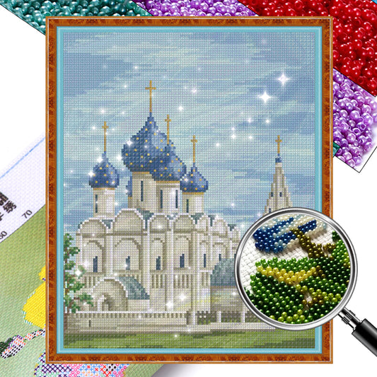 Church - Partial  9CT Stamped Cross Stitch - Bead Embroidery 34x41CM/13.39x16.14in