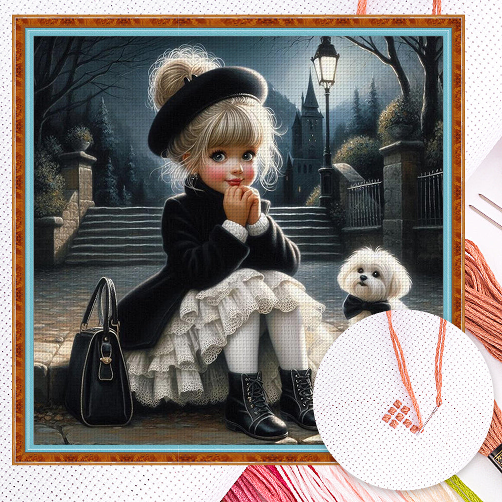 Girl And Dog - Full 11CT Counted Cross Stitch 40x40CM - Huacan