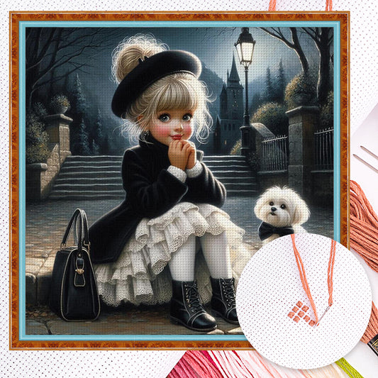 Girl And Dog - Full 11CT Counted Cross Stitch 40x40CM - Huacan