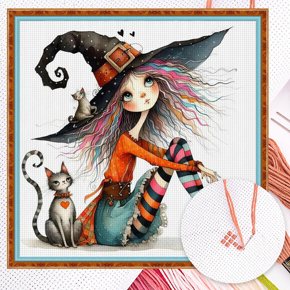 Girl And Cat - Full 11CT Counted Cross Stitch 40x40CM - Huacan