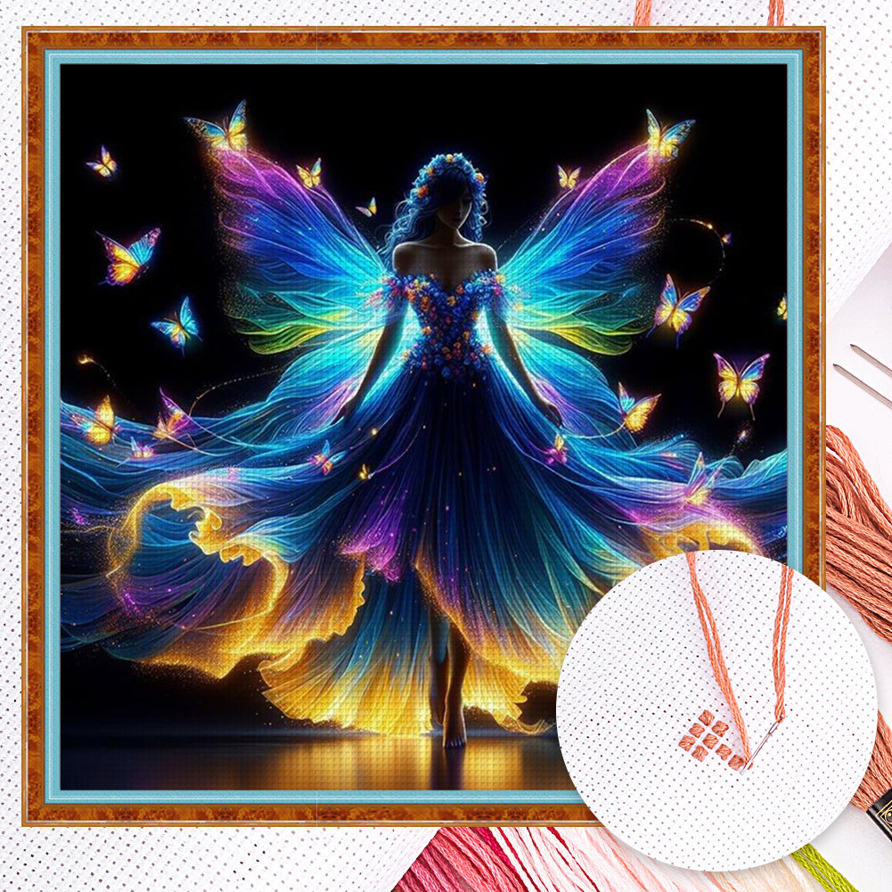Fluorescent Butterfly Fairy - Full 11CT Counted Cross Stitch 40x40CM - Huacan
