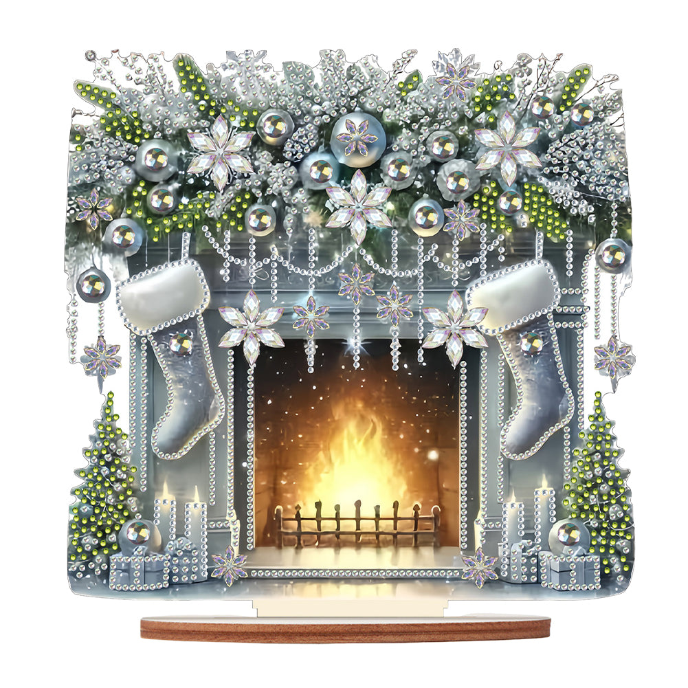 Christmas Wooden Special Shaped Fireplace White Stockings Diamond Painting Table Ornament