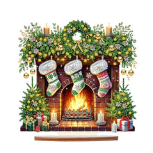 Load image into Gallery viewer, Christmas Wooden Special Shaped Fireplace Green Stockings Diamond Painting Table Ornament
