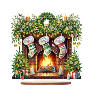Christmas Wooden Special Shaped Fireplace Green Stockings Diamond Painting Table Ornament