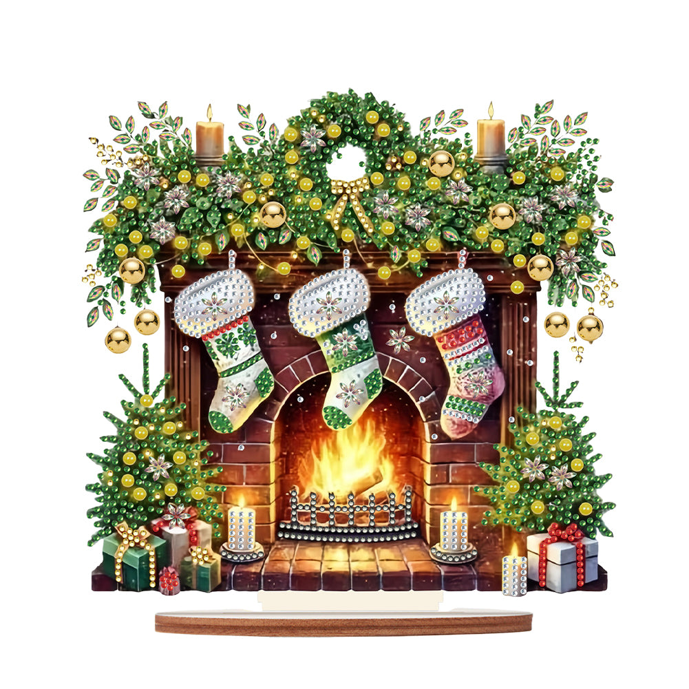 Christmas Wooden Special Shaped Fireplace Green Stockings Diamond Painting Table Ornament