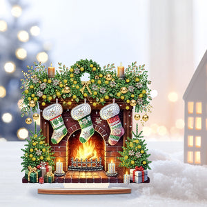 Christmas Wooden Special Shaped Fireplace Green Stockings Diamond Painting Table Ornament