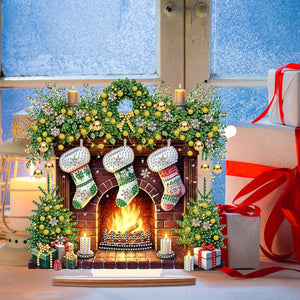 Christmas Wooden Special Shaped Fireplace Green Stockings Diamond Painting Table Ornament