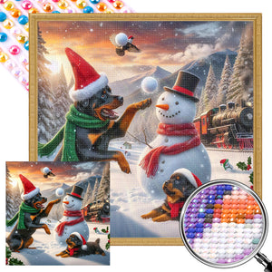 Winter Snowman And Puppy 40*40CM(Picture) Full Round Drill Diamond Painting