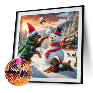 Winter Snowman And Puppy 40*40CM(Picture) Full Round Drill Diamond Painting