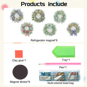 6Pcs Christmas Wreath Fridge Stickers Diamond Painting Art Magnets Decals