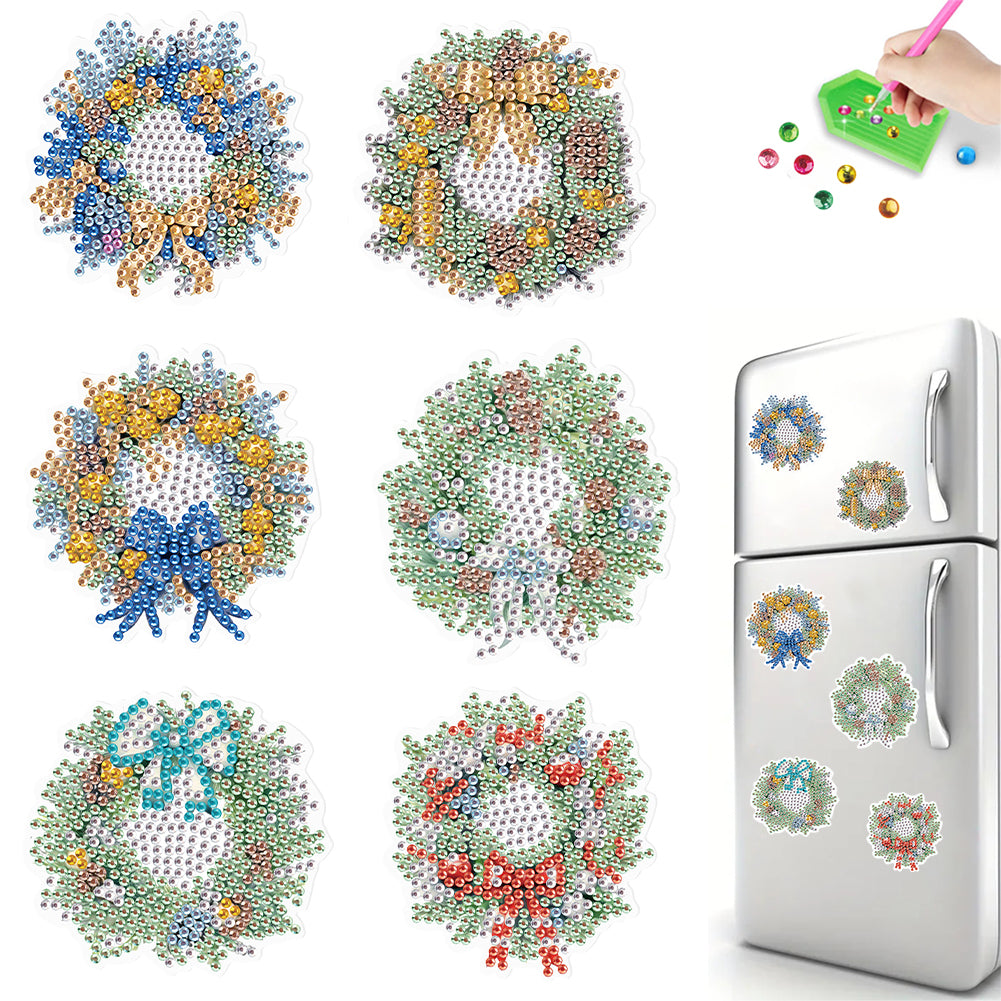 6Pcs Christmas Wreath Fridge Stickers Diamond Painting Art Magnets Decals