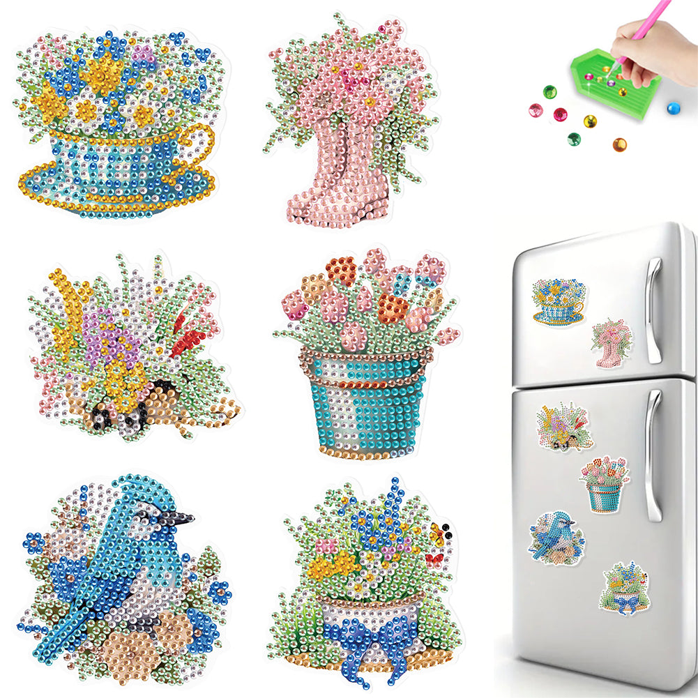 6Pcs Flower DIY Diamond Painting Fridge Magnets Kit for Art Crafts Gift