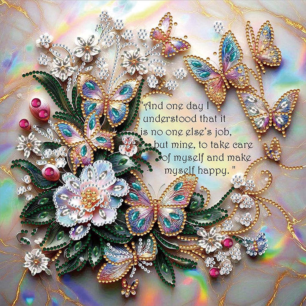 Butterfly And White Flower Calligraphy 30*30CM(Canvas) Partial Special Shaped Drill Diamond Painting