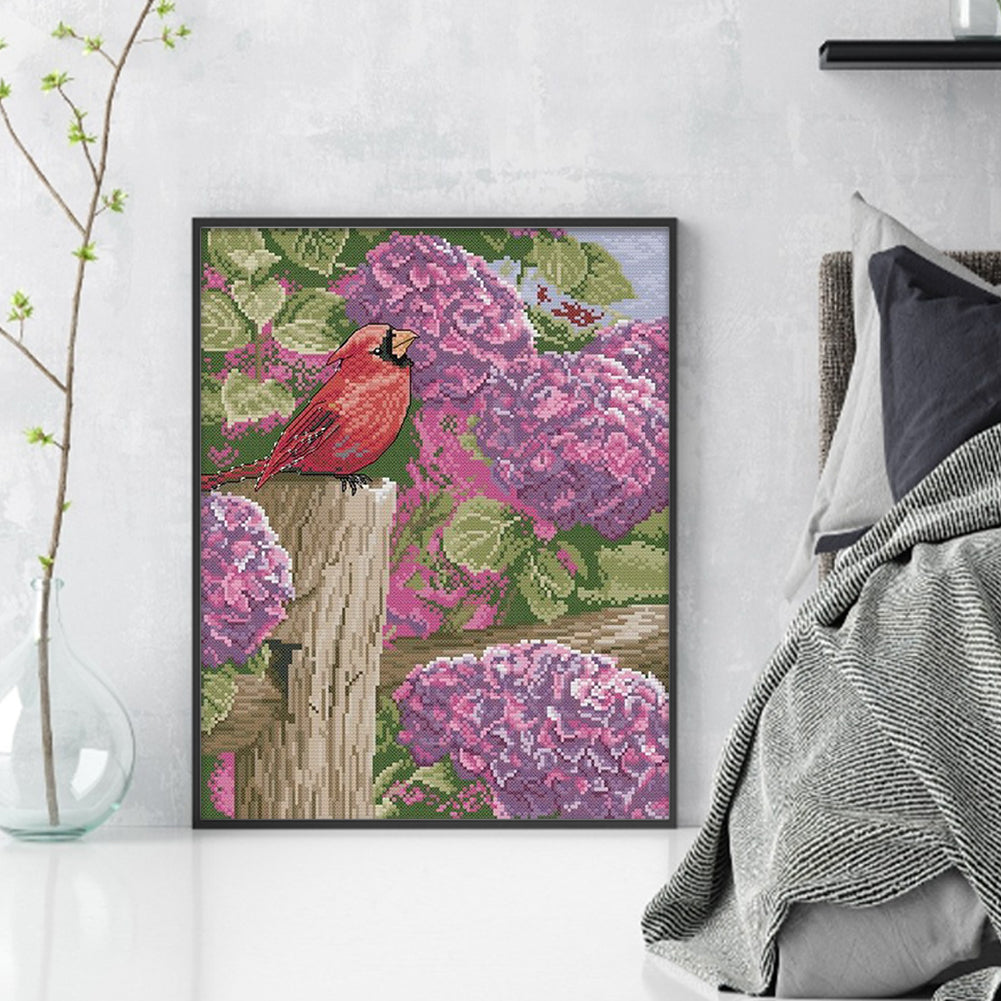 Hydrangea, Flowers and Birds - Full  9CT Stamped Cross Stitch - Bead Embroidery 40x49CM/15.75x19.29in
