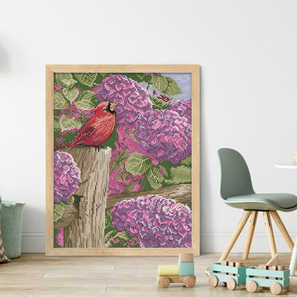 Hydrangea, Flowers and Birds - Full  9CT Stamped Cross Stitch - Bead Embroidery 40x49CM/15.75x19.29in