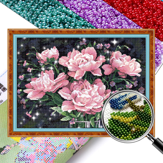Pink Peony - Full  9CT Stamped Cross Stitch - Bead Embroidery 63x48CM/24.80x18.90in