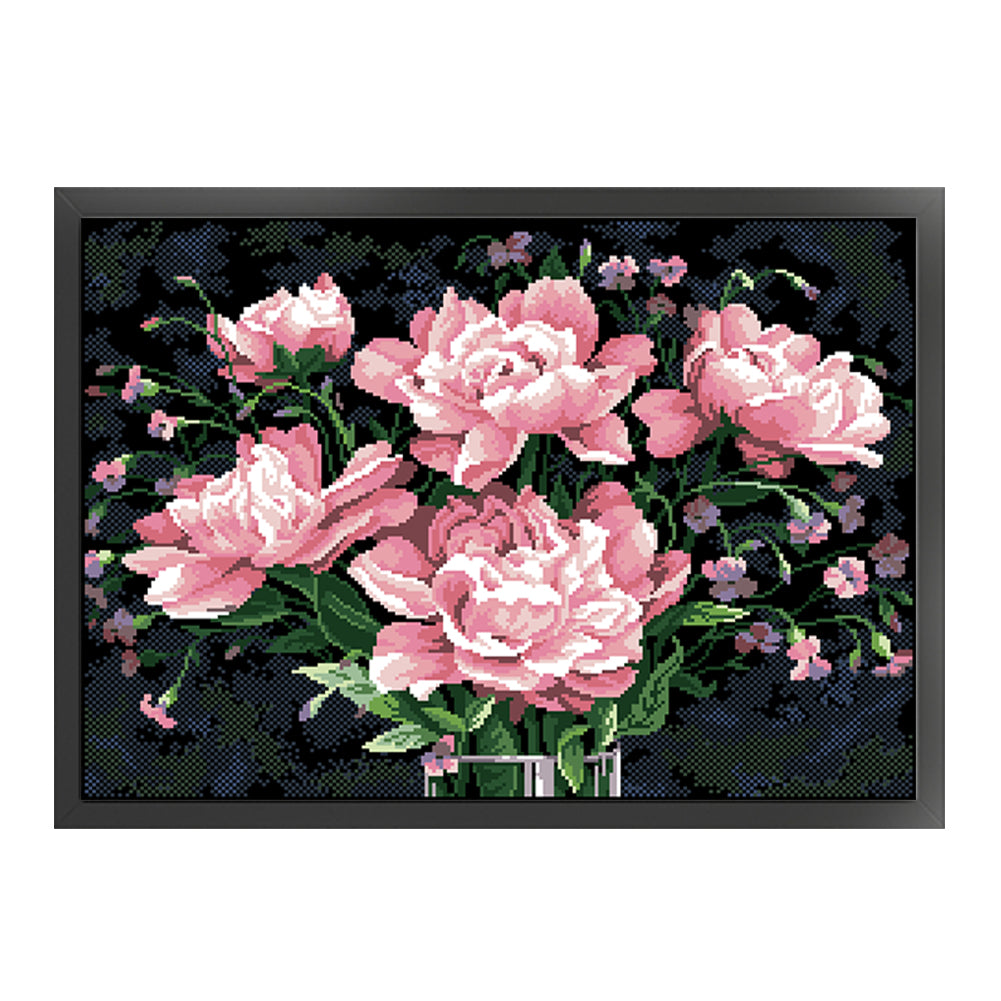 Pink Peony - Full  9CT Stamped Cross Stitch - Bead Embroidery 63x48CM/24.80x18.90in