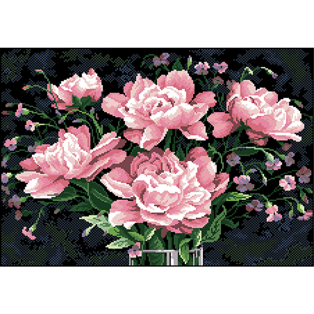 Pink Peony - Full  9CT Stamped Cross Stitch - Bead Embroidery 63x48CM/24.80x18.90in