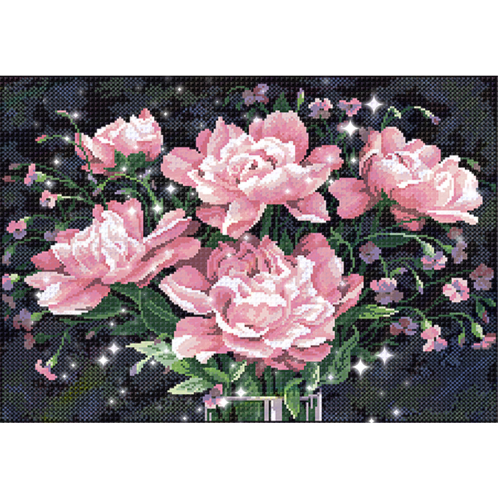 Pink Peony - Full  9CT Stamped Cross Stitch - Bead Embroidery 63x48CM/24.80x18.90in