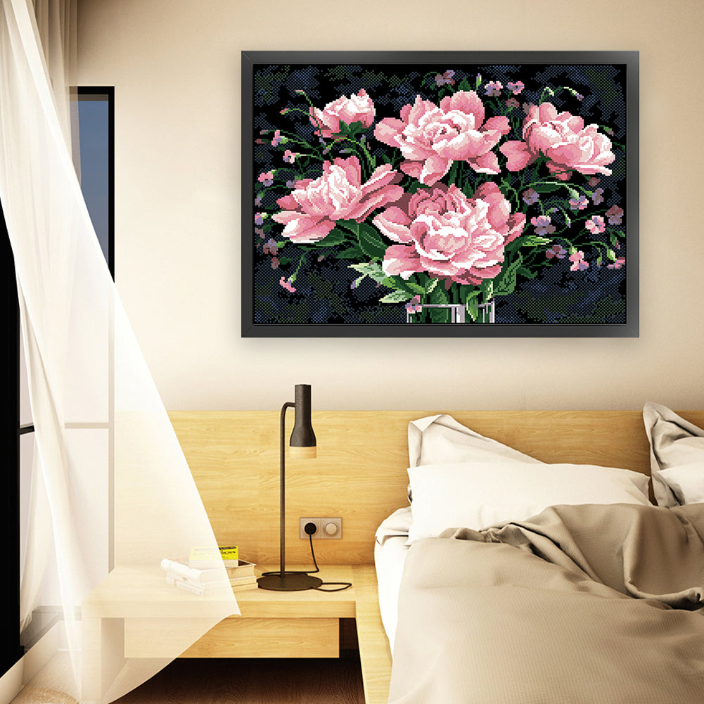 Pink Peony - Full  9CT Stamped Cross Stitch - Bead Embroidery 63x48CM/24.80x18.90in