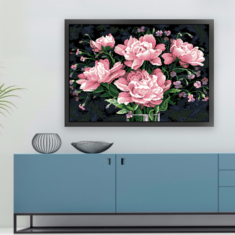 Pink Peony - Full  9CT Stamped Cross Stitch - Bead Embroidery 63x48CM/24.80x18.90in