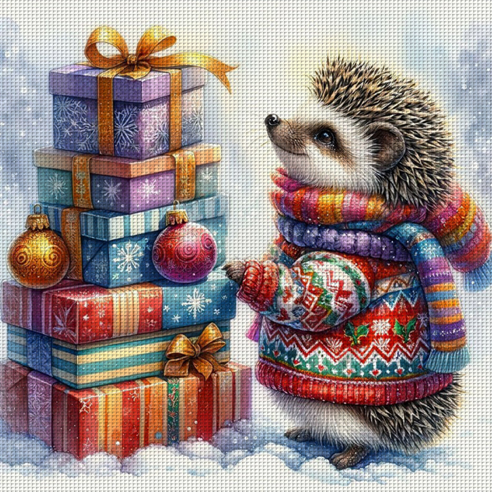Christmas Hedgehog - Full 11CT Stamped Cross Stitch 40x40CM - Huacan