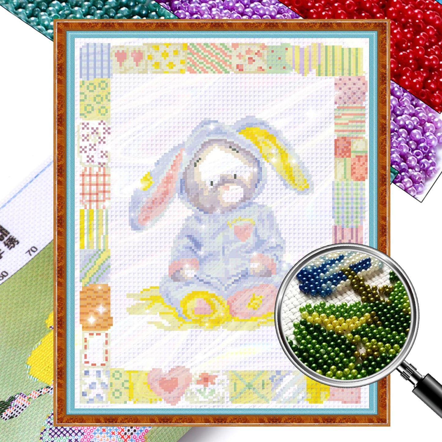 Cute Rabbit - Partial  9CT Stamped Cross Stitch - Bead Embroidery 36x45CM/14.17x17.72in