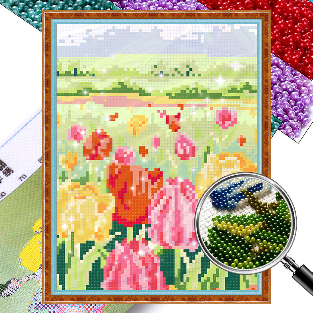 Tulip Field - Partial  9CT Stamped Cross Stitch - Bead Embroidery 20x28CM/7.87x11.02in