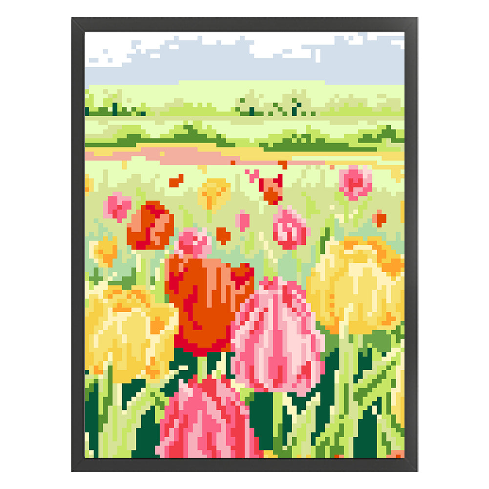 Tulip Field - Partial  9CT Stamped Cross Stitch - Bead Embroidery 20x28CM/7.87x11.02in
