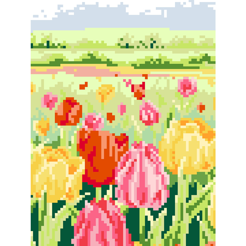 Tulip Field - Partial  9CT Stamped Cross Stitch - Bead Embroidery 20x28CM/7.87x11.02in