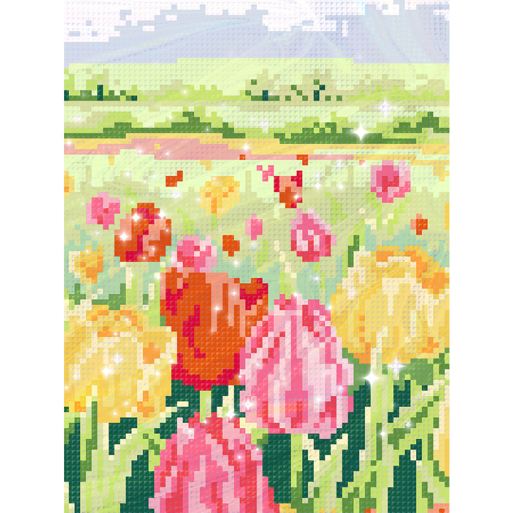 Tulip Field - Partial  9CT Stamped Cross Stitch - Bead Embroidery 20x28CM/7.87x11.02in