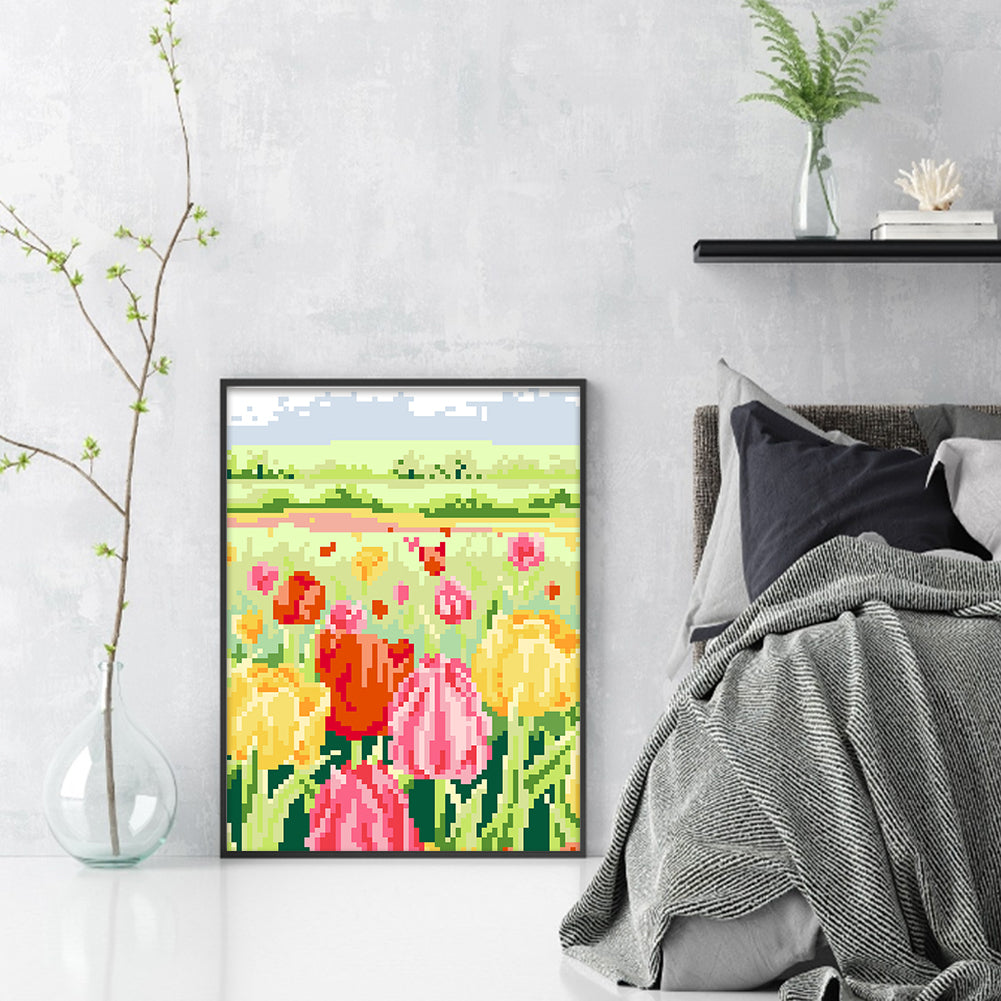 Tulip Field - Partial  9CT Stamped Cross Stitch - Bead Embroidery 20x28CM/7.87x11.02in