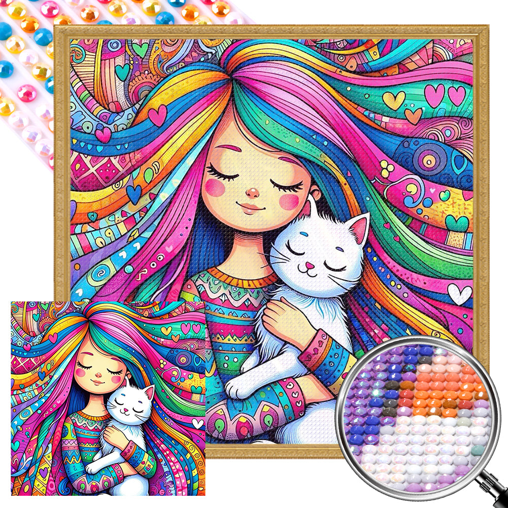 Girl And White Cat 40*40CM(Picture) Full Round Drill Diamond Painting