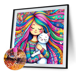 Girl And White Cat 40*40CM(Picture) Full Round Drill Diamond Painting