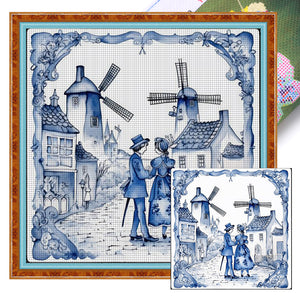 Huancan - Blue And White Porcelain Windmill - 50*50CM 11CT 3 Stamped Cross Stitch
