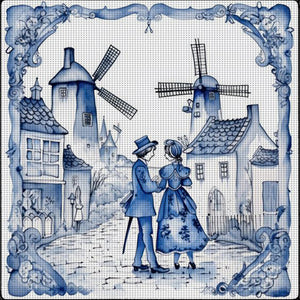 Huancan - Blue And White Porcelain Windmill - 50*50CM 11CT 3 Stamped Cross Stitch