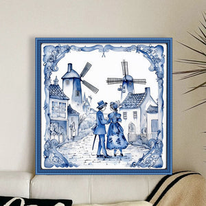 Huancan - Blue And White Porcelain Windmill - 50*50CM 11CT 3 Stamped Cross Stitch