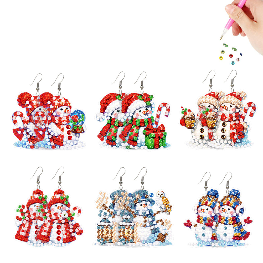 6 Pairs Double Sided Christmas Snowman Diamond Painting Earrings Jewelry