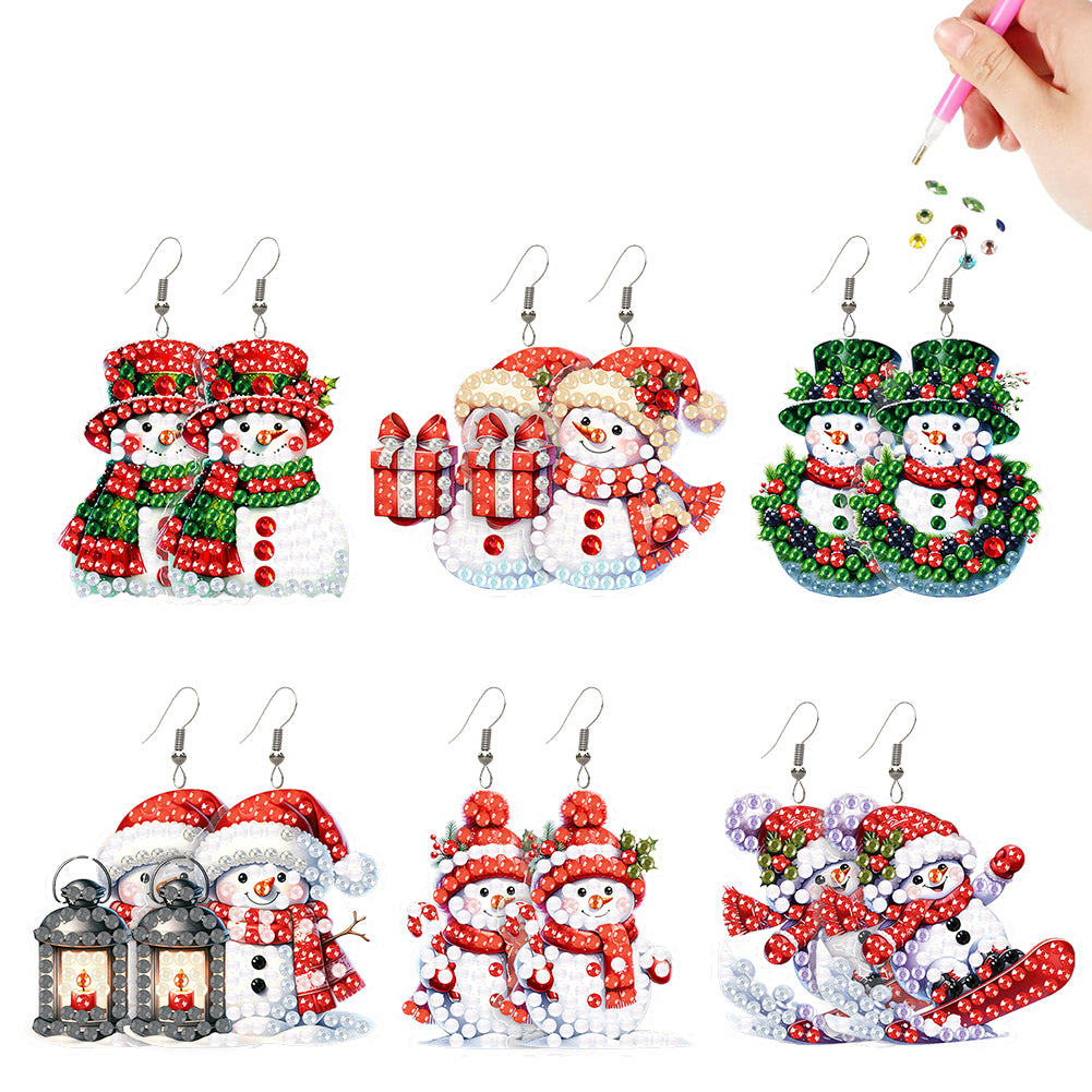 6 Pairs Double Sided Christmas Snowman Diamond Painting Earrings Jewelry