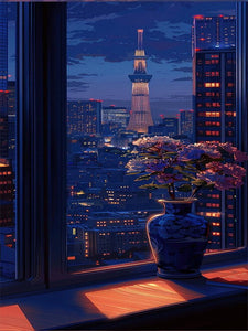 Late-Night Window Vase And Tokyo Skytree 30*90CM(Canvas) Full Round Drill Diamond Painting