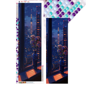Late-Night Window Vase And Tokyo Skytree 30*90CM(Canvas) Full Round Drill Diamond Painting
