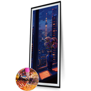 Late-Night Window Vase And Tokyo Skytree 30*90CM(Canvas) Full Round Drill Diamond Painting
