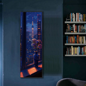 Late-Night Window Vase And Tokyo Skytree 30*90CM(Canvas) Full Round Drill Diamond Painting